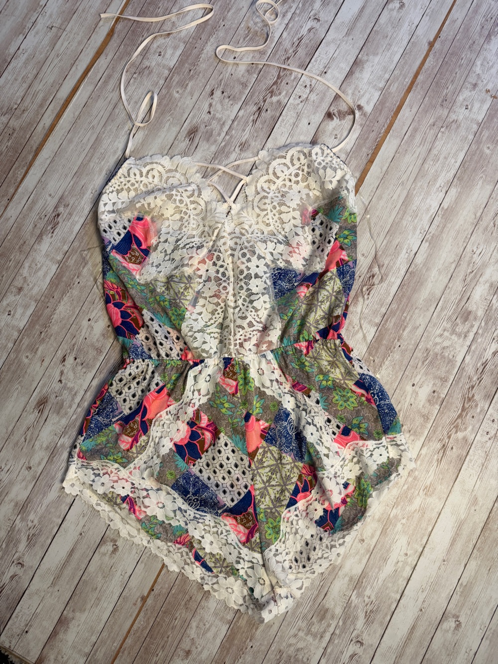 Victoria's Secret White Lace Bustier Chemise with Multi-Color Floral Print